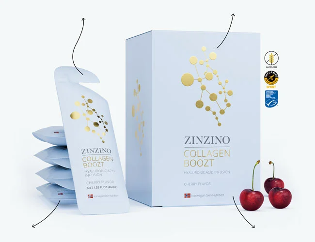 Collagen Boozt Zinzino, suplemento líquido con colágeno marino, ácido hialurónico y sabor cereza – Nutrición noruega premium