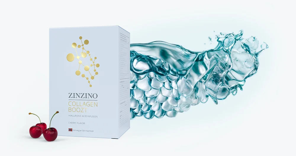 Caja de Collagen Boozt Zinzino, suplemento líquido con colágeno marino y ácido hialurónico sabor cereza