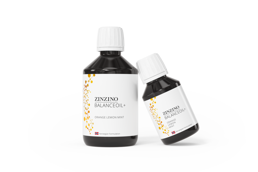 Botella de BalanceOil+ de Zinzino, sabor naranja-limón-menta, formulación noruega.