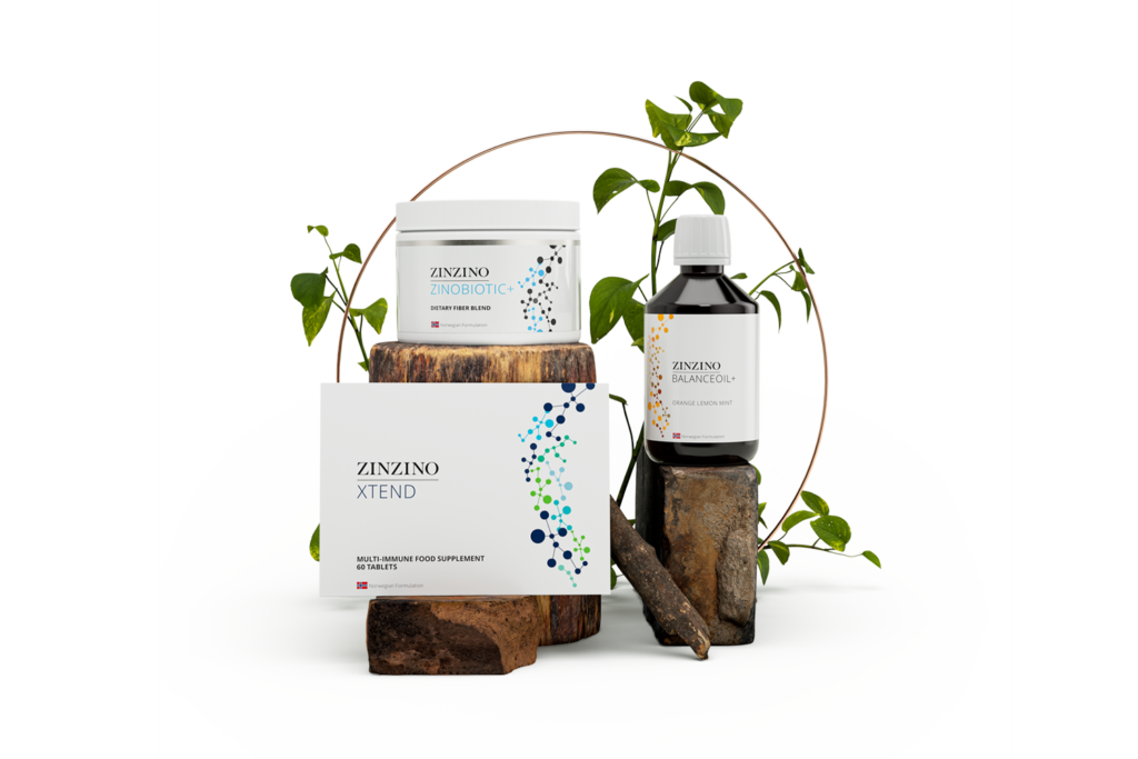 Productos Zinzino: Zinobiotic, BalanceOil, Xtend y suplemento alimenticio de mijo, destacando soluciones para salud intestinal, balance omega y bienestar general