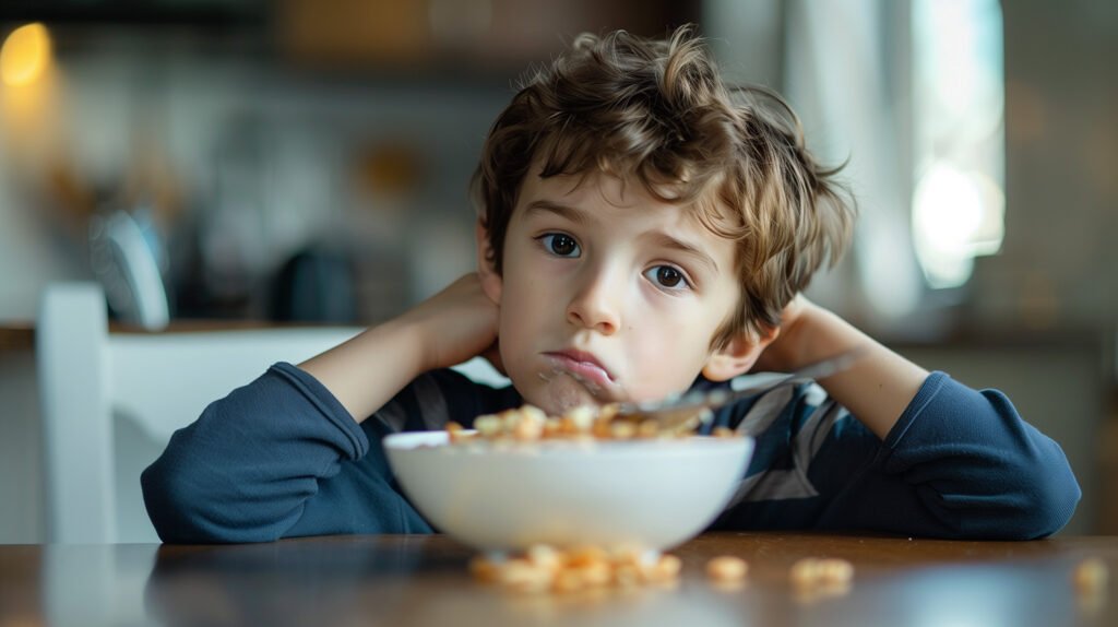 Niño con expresión seria frente a un plato de comida, representando la dificultad para aceptar alimentos nutritivos.