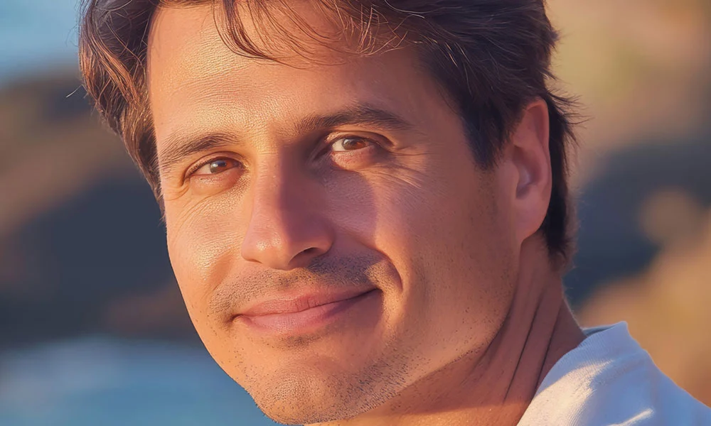 Hombre sonriente mostrando los beneficios de Collagen Boozt Zinzino para una piel radiante