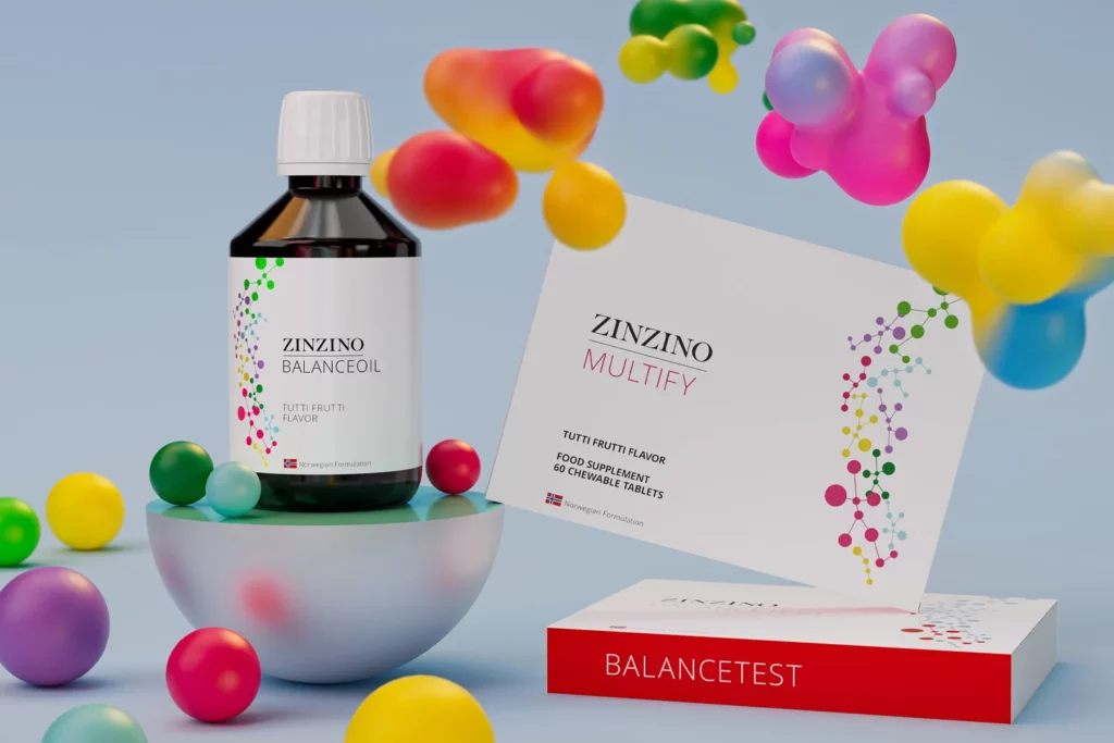 Productos Zinzino: BalanceOil sabor tutti-frutti, Multify en tabletas masticables sabor tutti-frutti y BalanceTest para análisis nutricional