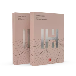 Mascarilla de fibra rejuvenecedora HANZZ+HEIDII AMAZE, envase plateado con tipografía moderna