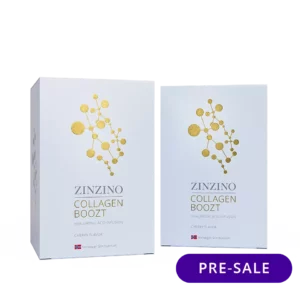 Suplemento COLLAGEN BOOZT de Zinzino con ácido hialurónico, sabor cereza y nutrición para la piel - envase blanco y dorado en preventa