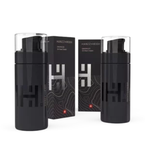 Crema de día ENERGIZE de HANZZ+HEIDII para hombre, envase negro y plateado con efecto 24 horas