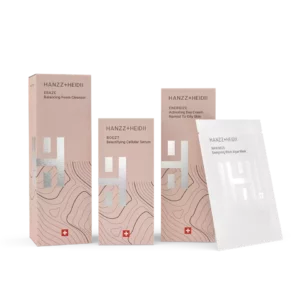 Kit completo HANZZ+HEIDII de Zinzino: incluye limpiador en espuma ERAZE, serum celular BOOZT, crema de día ENERGIZE y mascarilla de algas MAXIMIZE