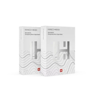 Mascarilla negra de algas HANZZ+HEIDII MAXIMIZE, envase negro con texto blanco y dorado