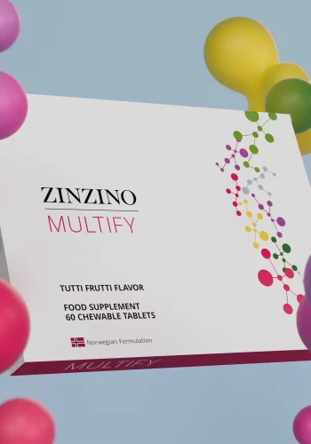 Multify de Zinzino, suplemento alimenticio en tabletas masticables sabor tutti-frutti, 60 unidades, formulación noruega.